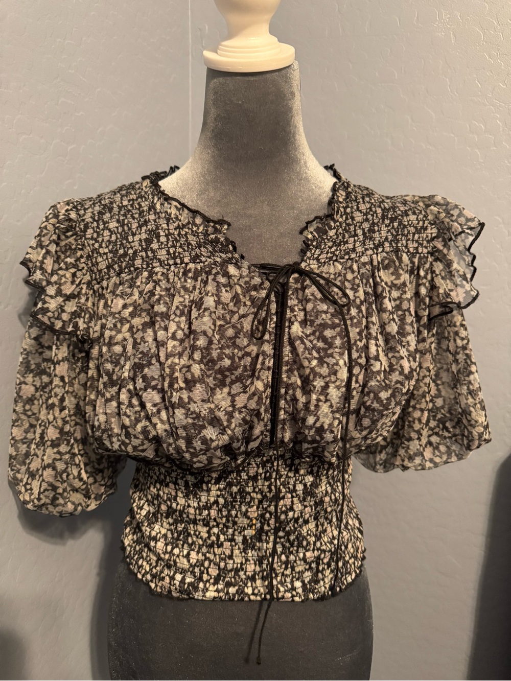 Free People Black and Cream Smocked Sheer Floral Blouse